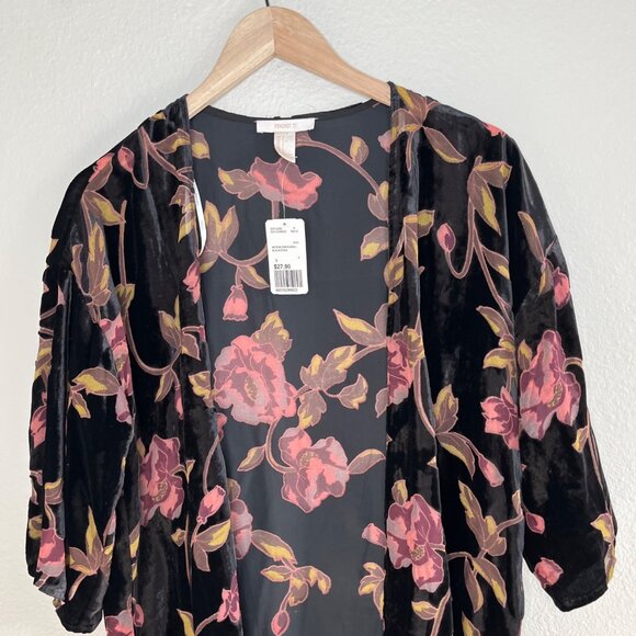 FOREVER 21 Black Velvet Burnout Floral Rose Romantic Kimono Cardigan Size S NWT - Picture 3 of 8